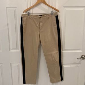 J Crew Womens High Rise Boyfriend Chino in Khaki with black side stripes.
